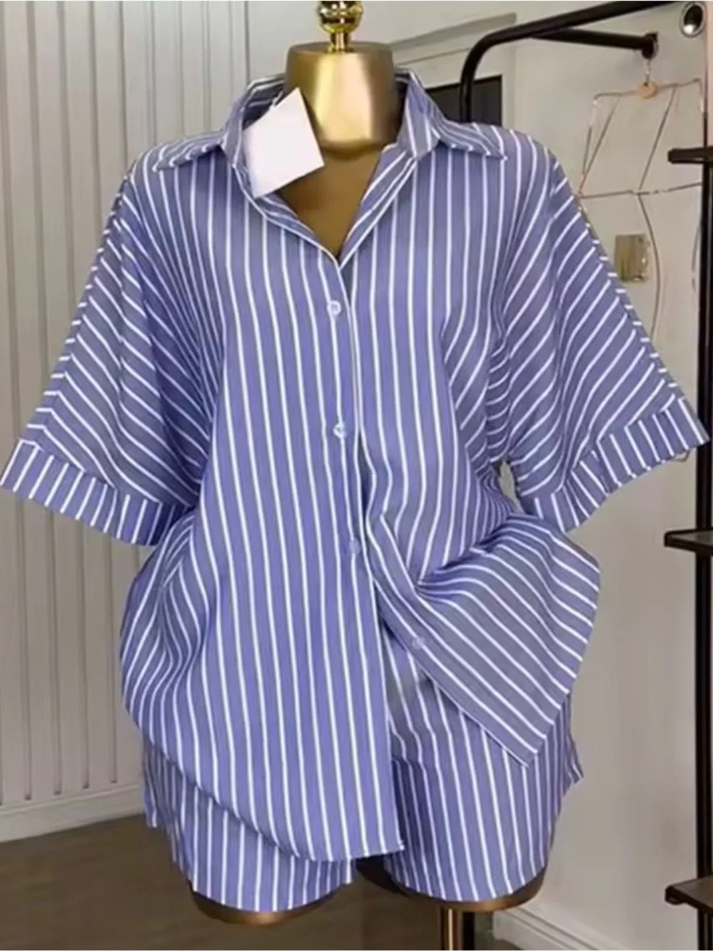 Blue & White Striped Button-Up Shirt Set